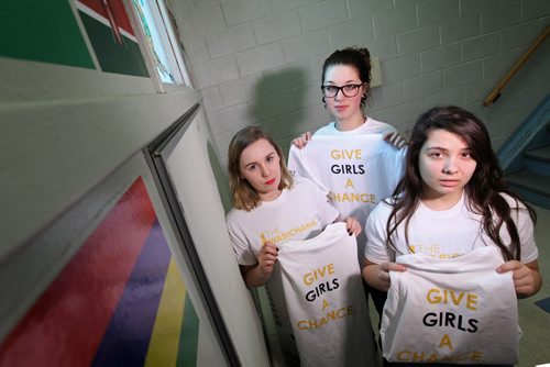 Gr 12 students Claire Renic (centre, tall), Bella Jakubec (Long dark hair) and Cre Com student Alexandra Martin (blond)  are working together for a  city-wide bake sale to raise money for a non-profit that gives girls in Kenya pads so they wonÄôt miss school during their period.  .  See Carol Sanders story.  Jan 13, 2015 Ruth Bonneville / Winnipeg Free Press