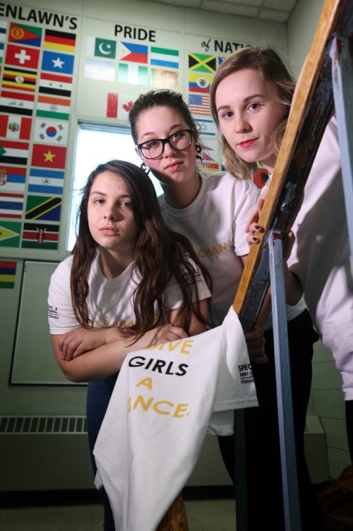 Gr 12 students Claire Renic (centre, tall), Bella Jakubec (Long dark hair) and Cre Com student Alexandra Martin (blond)  are working together for a  city-wide bake sale to raise money for a non-profit that gives girls in Kenya pads so they wont miss school during their period.  .  See Carol Sanders story.  Jan 13, 2015 Ruth Bonneville / Winnipeg Free Press