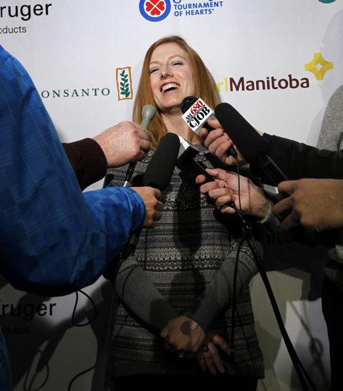 Skip Kristy McDonald at the news conference Wednesday to announce the seeding and the full draw of the 2015 Scotties Tournament  of Hearts held January 21-25 at the Winkler Arena in Winkler, MB.  Melissa Martin story Wayne Glowacki / Winnipeg Free Press ¤Jan. 14 2015