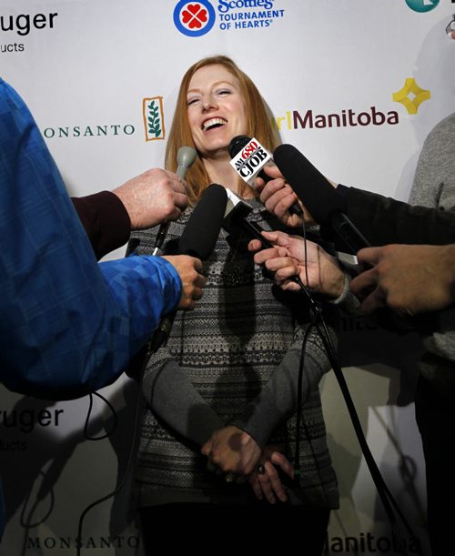 Skip Kristy McDonald at the news conference Wednesday to announce the seeding and the full draw of the 2015 Scotties Tournament  of Hearts held January 21-25 at the Winkler Arena in Winkler, MB.  Melissa Martin story Wayne Glowacki / Winnipeg Free Press ¤Jan. 14 2015