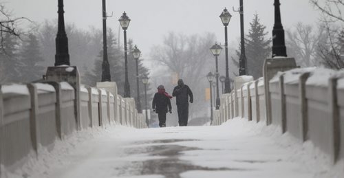 A couple walk with their face covered as they make their  way across the foot bridge at Assiniboine Park amidst blowing snow Wednesday.   Standup photo Jan 14, 2015 Ruth Bonneville / Winnipeg Free Press