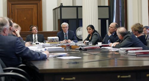 The Standing Committee of Legislative Affairs meeting Wednesday including Premier Greg Selinger and Shipra Verma, Chief Electoral Officer, Elections Manitoba at right.  Larry Kusch story Wayne Glowacki / Winnipeg Free Press ¤Jan. 14 2015