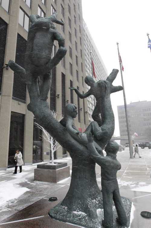 Ent.   The sculpture titled Tree Children in front of Richardson Building at  Portage and Main by artist Leo Mol. He would be 100 this week. Wayne Glowacki / Winnipeg Free Press ¤Jan. 14 2015