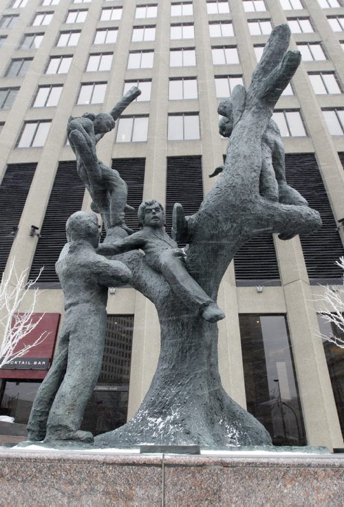 Ent.   The sculpture titled Tree Children in front of Richardson Building at  Portage and Main by artist Leo Mol. He would be 100 this week. Wayne Glowacki / Winnipeg Free Press ¤Jan. 14 2015