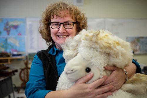 Elaine Owen, a teacher at Miami School in Miami, Manitoba, holds onto the class mascot "Shaun" the sheep. She has undertaken a huge project to teach her students some core values. Over the last six months, she has gathered raw wool and shown her students the process through washing, carding, dyeing and spinning the wool and then using looms, making mittens, scarves, etc. Elaine has four spinning wheels in her classroom and the students are donating their crafted items to a local shelter.  150113 - Wednesday, January 14, 2015 -  (MIKE DEAL / WINNIPEG FREE PRESS)
