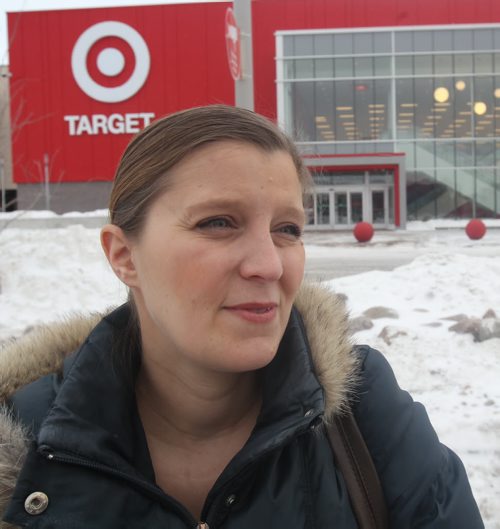 Customer Angela Gregory outside the brand new Target store on St James St Thursday morning.- Target has announced that they are closing all stores in Canada this morning-See Adam Wazny story- Jan 15, 2015   (JOE BRYKSA / WINNIPEG FREE PRESS)
