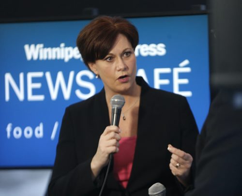 Theresa Oswald is interviewed by Dan Lett at the Winnipeg Free Press News Cafe Thursday.  Wayne Glowacki / Winnipeg Free Press ¤Jan. 15 2015