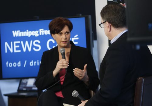 Theresa Oswald is interviewed by Dan Lett at the Winnipeg Free Press News Cafe Thursday.  Wayne Glowacki / Winnipeg Free Press ¤Jan. 15 2015