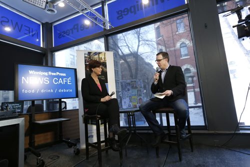 Theresa Oswald is interviewed by Dan Lett at the Winnipeg Free Press News Cafe Thursday.  Wayne Glowacki / Winnipeg Free Press ¤Jan. 15 2015