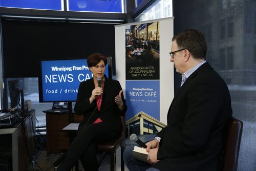 Theresa Oswald is interviewed by Dan Lett at the Winnipeg Free Press News Cafe Thursday.  Wayne Glowacki / Winnipeg Free Press ¤Jan. 15 2015