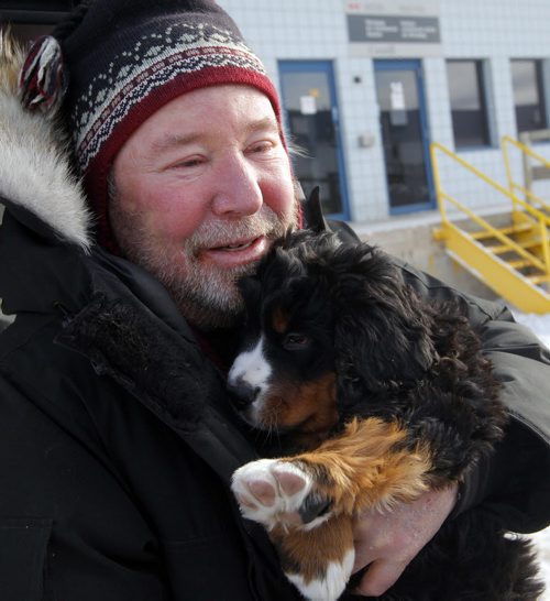 LOCAL - STANDUP - Bill Friday from the Kenora area finally gets to meet his eight-week-old Bernese Mountain Dog named Levon. Westjet almost lost the dog. BORIS MINKEVICH /WINNIPEG FREE PRESS. January 15, 2015