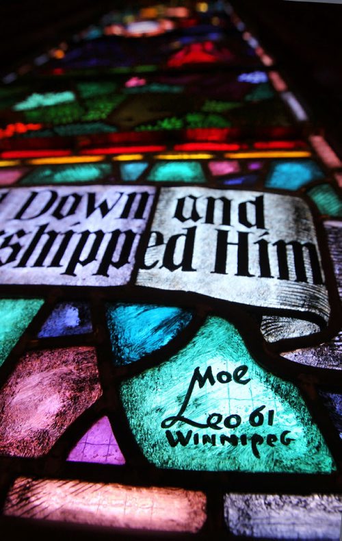 Leo Mol's  signature on Stained Glass Windows in St. Margaret's Anglican Church.   See Story on Leo Mol.   Jan 15, 2015 Ruth Bonneville / Winnipeg Free Press