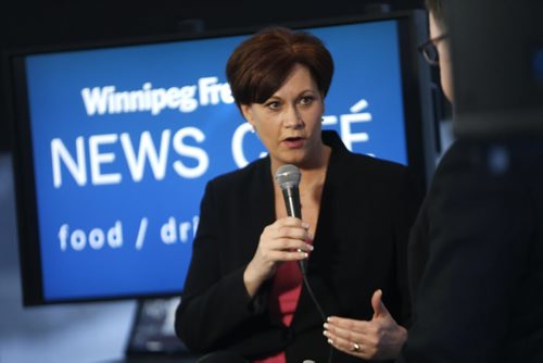 Theresa Oswald is interviewed by Dan Lett at the Winnipeg Free Press News Cafe Thursday.  Wayne Glowacki / Winnipeg Free Press ¤Jan. 15 2015