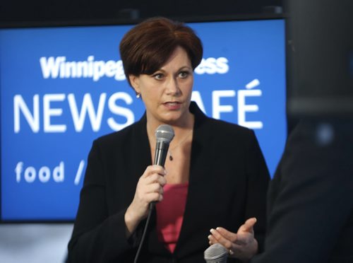 Theresa Oswald is interviewed by Dan Lett at the Winnipeg Free Press News Cafe Thursday.  Wayne Glowacki / Winnipeg Free Press  Jan. 15 2015