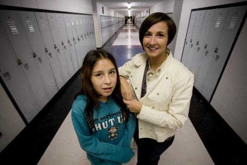 John Woods / Winnipeg Free Press / September 13/07- 070913  - Cheyenne Herman (13)(L) and Chrystal Neault-Lount are part of the Big Sister/Little Sister program and were photographed in a hallway at Sisler High School Thursday September 13/07.   The program is called Empowering Little Sisters and is specifically targeted toward First Nation girls.
