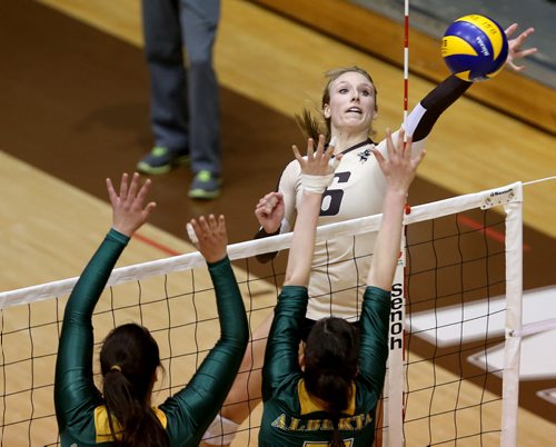 University of Manitoba Bisons' Rachel Cockrell can't bring the ball back around the antenna during the second set against the Alberta Pandas during volleyball action at the U of M, Friday, January 16, 2015. (TREVOR HAGAN/WINNIPEG FREE PRESS)
