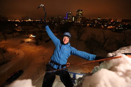 Feature on the Ice Tower which is part of the St. Boniface Section of the Alpine Club of Canada.   Members of the climbing community enjoy the thrill of ice climbing on the prairies on the locally designed ice tower situated just across the Red River from Waterfront Drive in St. Boniface. The club is hosting a climbing competition for speed and difficulty on Feb 14 & 15 and is open to the public with gear rental available on the site. Brad Friesen is surrounded by the city skyline as he comes to the top of the tower and begins his rappel back down.    Jan 16 / 2014  Ruth Bonneville / Winnipeg Free Press.