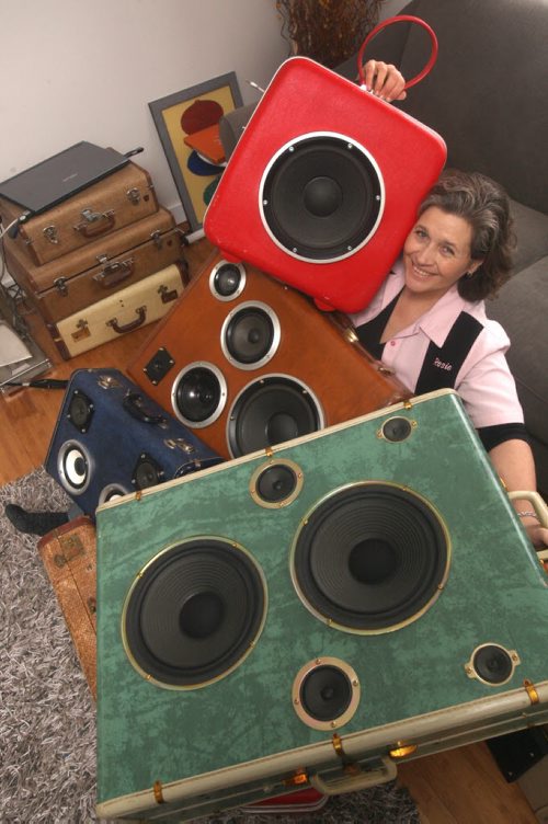 Roselle Turenne makes  speakers out of old suitcases- She started her small company called Stereotypes around Dec 2012 -See David Sanderson story- Jan 19, 2015   (JOE BRYKSA / WINNIPEG FREE PRESS)