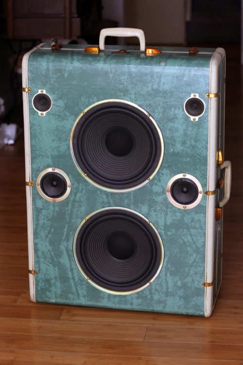 Roselle Turenne makes  speakers out of old suitcases- She started her small company called Sterotypes around Dec 2012  This piece is called Big Time -See David Sanderson story- Jan 19, 2015   (JOE BRYKSA / WINNIPEG FREE PRESS)