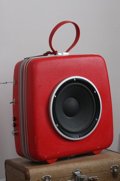 Roselle Turenne makes  speakers out of old suitcases- She started her small company called Stereotypes around Dec 2012  This piece is called Hip to be square-See David Sanderson story- Jan 19, 2015   (JOE BRYKSA / WINNIPEG FREE PRESS)