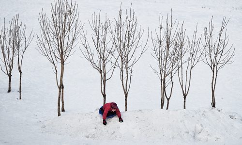 A tobogganer stops just in time after going down a hill at The Forks Monday afternoon.  150119 January 19, 2015 Mike Deal / Winnipeg Free Press