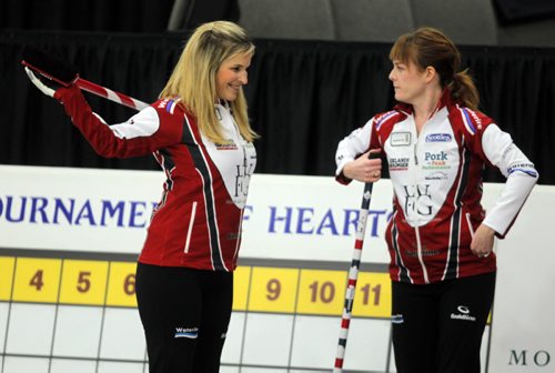 SPORTS CURLING - The Scottie Tournament of Hearts. Winkler, Manitoba. Practice. Jennifer Jones and Dawn McEwen. BORIS MINKEVICH/WINNIPEG FREE PRESS. JANUARY 20, 2015