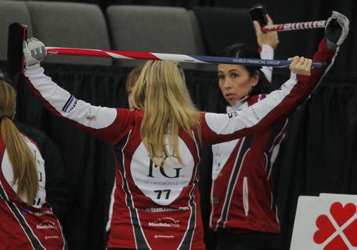 SPORTS CURLING - The Scottie Tournament of Hearts. Winkler, Manitoba. Practice. Jennifer Jones(back towards camera) talks to Jill Officer. BORIS MINKEVICH/WINNIPEG FREE PRESS. JANUARY 20, 2015