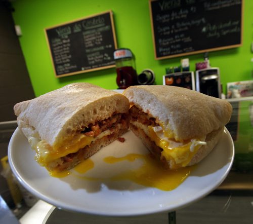 Chourico bun w/fried egg at Viena do Castelo.   See Marion's Review. January 20, 2015 - (Phil Hossack / Winnipeg Free Press