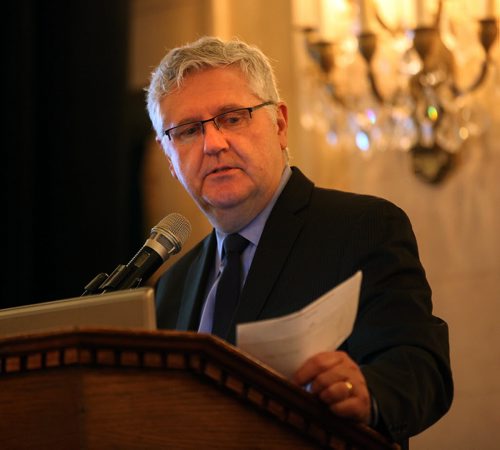 Conservation and Water Stewardship Minister Gord Mackintosh reads an opening speech at the signing ceremony of the Lake Friendly Accord with Minnesota at the Fort Gary Hotel Tuesday evening. See story.  January 20, 2015 - (Phil Hossack / Winnipeg Free Press