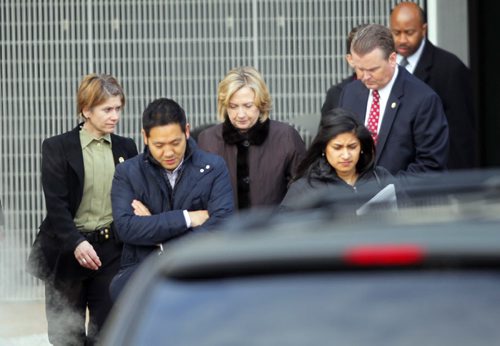 LOCAL - Hillary Rodham Clinton, former U. S. Secretary of State, leaves the Canadian Museum for Human Rights. She toured it with her entourage after her talk. BORIS MINKEVICH/WINNIPEG FREE PRESS. JANUARY 21, 2015