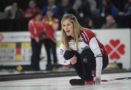 Jennifer Jones watches her rock as her team plays against Fordyce at the Scotties culring Tournament of Hearts in Winkler Wednesday.  Jan 21 / 2014  Ruth Bonneville / Winnipeg Free Press.