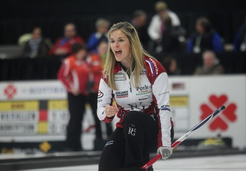 Jennifer Jones calls out to her teammates as they play against Fordyce at the Scotties Tournament of Hearts in Winkler Wednesday.  Jan 21 / 2014  Ruth Bonneville / Winnipeg Free Press.