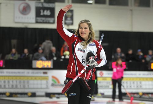 Jennifer Jones waves to the crowd at the Winkler Arena after her team won 10 - 3 against  Fordyce at the Scotties Curling Tournament of Hearts Wednesday.  Jan 21 / 2014  Ruth Bonneville / Winnipeg Free Press.