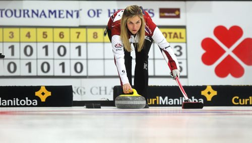 Jennifer Jones prepares to throw her rock as her team plays against Fordyce at the Scotties Tournament of Hearts in Winkler Wednesday.  Jan 21 / 2014  Ruth Bonneville / Winnipeg Free Press.
