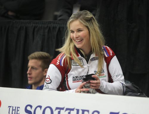 Jennifer Jones smiles at the crowd at the Winkler Arena after her team won 10 - 3 against  Fordyce at the Scotties Tournament of Hearts Wednesday.  Jan 21 / 2014  Ruth Bonneville / Winnipeg Free Press.