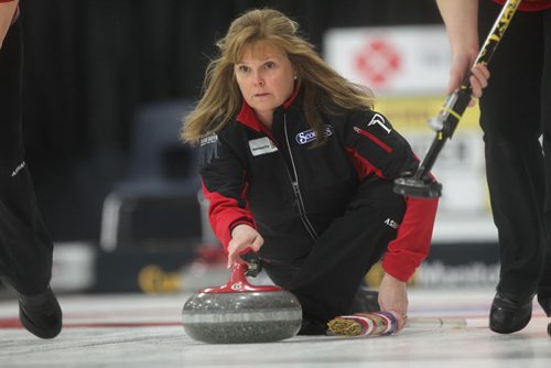 Barb Spencer throws her rock during her game against Ursel at the Winkler Arena at the Scotties Tournament of Hearts Wednesday.  Jan 21 / 2014  Ruth Bonneville / Winnipeg Free Press.