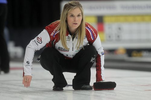Jennifer Jones watches her rock as her team plays against Fordyce at the Scotties Tournament of Hearts in Winkler Wednesday.  Jan 21 / 2014  Ruth Bonneville / Winnipeg Free Press.