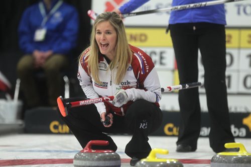 Jennifer Jones watches her rock during play against Fordyce at the Scotties Tournament of Hearts in Winkler Wednesday.  Jan 21 / 2014  Ruth Bonneville / Winnipeg Free Press.