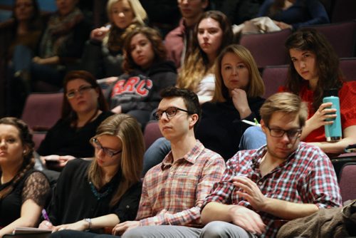 Students listen to Peter Bjornson, the Minister of Education, speaking at the University of Winnipeg campus discussing the state of post secondary education in Manitoba-See Nick Martin story- Jan 22, 2015   (JOE BRYKSA / WINNIPEG FREE PRESS)