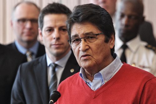 Ovide Mercredi former National Chief of the Assembly of First Nations, addresses the media regarding racism in Winnipeg. He was joined by members from across the community including; Elder Harry Bone, Grand Chief Derek Nepinak, Assembly of Manitoba Chiefs, Jamie Wilson, Treaty Commissioner, Treaty Relations Commission of Manitoba, Police Chief Devon Clunis, Honourable Kevin Chief, Minister of Jobs & the Economy, and Minister responsible for relations with the City of Winnipeg, Dr. David Barnard, President and Vice-Chancellor of the University of Manitoba, Dr. Annette Trimbee, President and Vice Chancellor at the University of Winnipeg, Julie Harper, Mother of Rinelle Harper, Michael Champagne and Althea Guiboche amongst others.  150122 January 22, 2015 Mike Deal / Winnipeg Free Press