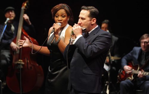 ENT  Prairie Theatre Exchange. Life, Death, and the Blues. Show was created by Raoul Bhabeja. He acts and plays harmonica. Actress and singer Devine Brown, left, with him on stage. BORIS MINKEVICH / WINNIPEG FREE PRESS  Jan. 22, 2015