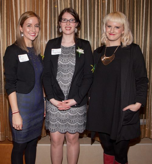 The seventh annual Future Leaders of Manitoba (FLM) awards were held Thursday, Jan. 22, 2015 at the Fort Garry Hotel. The awards recognize young Manitobans for their dedication to the social and economic growth of this province. Pictured, from left, are age 20-25 category finalists Christine McLeod, Maggie Henderson (award winner) and Chloe Chafe. (John Johnston / Winnipeg Free Press)