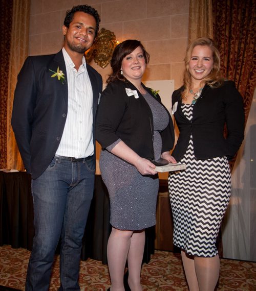 The seventh annual Future Leaders of Manitoba (FLM) awards were held Thursday, Jan. 22, 2015 at the Fort Garry Hotel. The awards recognize young Manitobans for their dedication to the social and economic growth of this province. Pictured, from left, are age 26-32 category finalists Vinay Iyer, Alexis Martin (award winner) and Stephanie Caligiuri. (John Johnston / Winnipeg Free Press)