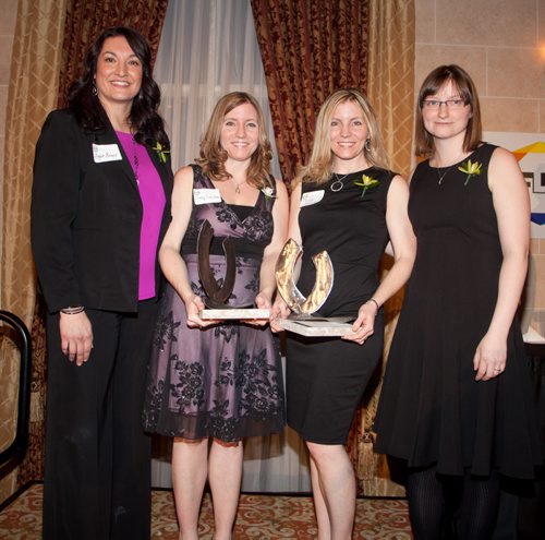 The seventh annual Future Leaders of Manitoba (FLM) awards were held Thursday, Jan. 22, 2015 at the Fort Garry Hotel. The awards recognize young Manitobans for their dedication to the social and economic growth of this province. Pictured, from left, are age 33-39 category finalists Angie Bruce, award winners Cindy Sanchez and Christa Slatnik, and Jordan Miller. (John Johnston / Winnipeg Free Press)