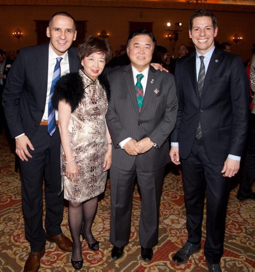 The seventh annual Future Leaders of Manitoba (FLM) awards were held Thursday, Jan. 22, 2015 at the Fort Garry Hotel. The awards recognize young Manitobans for their dedication to the social and economic growth of this province. Pictured, from left, are MLA Kevin Chief, Anita Lee, Lt.-Gov. Philip Lee and Mayor Brian Bowman. (John Johnston / Winnipeg Free Press)