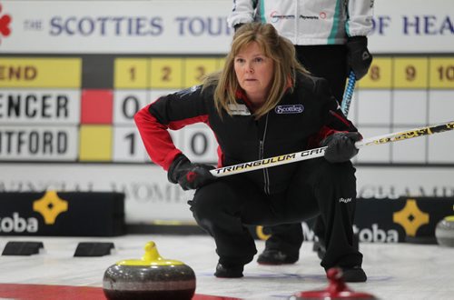 Sports, Curling.  Barb Spencer during her game against Monfford at Winkler Arena during the Scotties Tournament of Hearts Friday afternoon.   Jan 23, 2015 Ruth Bonneville / Winnipeg Free Press