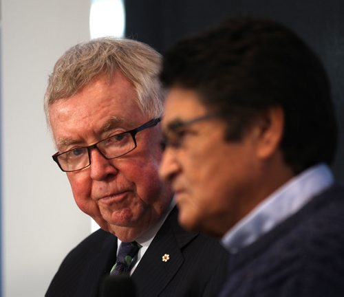 Left to right,   Joe Clark and Ovid Mercredi appeared at the News Cafe Friday at a forum hosted by Shannon Sampert.  January 23, 2015 - (Phil Hossack / Winnipeg Free Press)