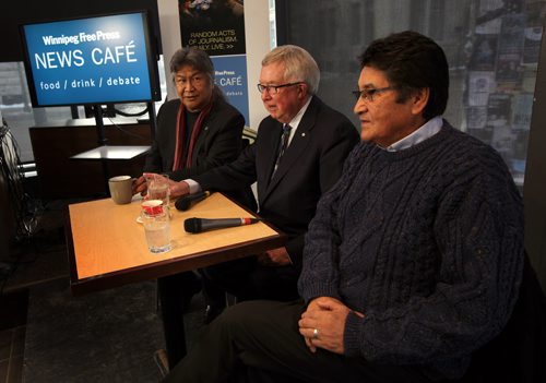 Left to right,  Stephen Kakfwi, Joe Clark and Ovid Mercredi appeared at the News Cafe Friday at a forum hosted by Shannon Sampert.  January 23, 2015 - (Phil Hossack / Winnipeg Free Press)