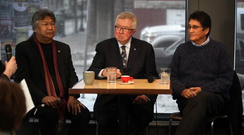 Left to right,  Stephen Kakfwi, Joe Clark and Ovid Mercredi appeared at the News Cafe Friday at a forum hoseted by Shannon Sampert.  January 23, 2015 - (Phil Hossack / Winnipeg Free Press)