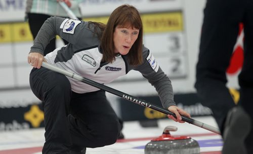 Sports, Curling. Janet Harvey directs her teammates after throwing her rock while playing Friday night at the Winkler Arena during the Scotties Tournament of Hearts. Jan 23, 2015 Ruth Bonneville / Winnipeg Free Press